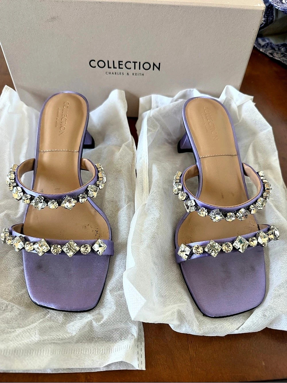Charles & Keith Gem-Encrusted Sculptural Heel Mules Purple